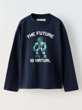 Zara Navy Blue Long Sleeve Gamer Themed Graphic T-Shirt